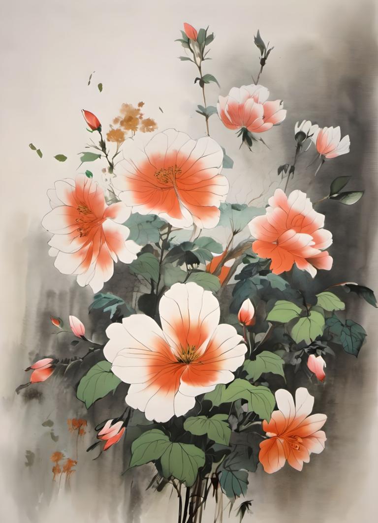 Chinese Paintings,Chinese Paintings, Nature, flowers, no humans, flower, leaf, still life, pink flower, plant