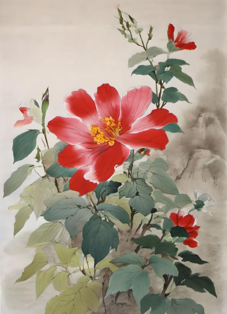 Chinese Paintings,Chinese Paintings, Nature, flowers, no humans, flower, leaf, red flower, still life, plant