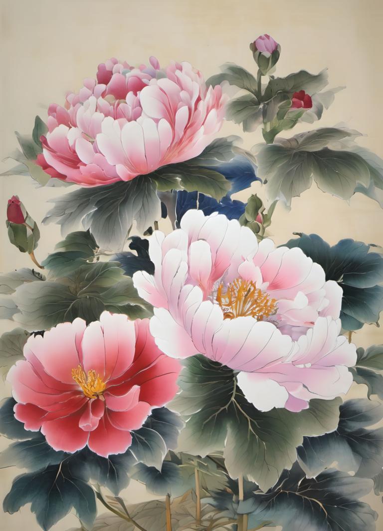 Chinese Paintings,Chinese Paintings, Nature, flowers, no humans, flower, still life, pink flower, leaf