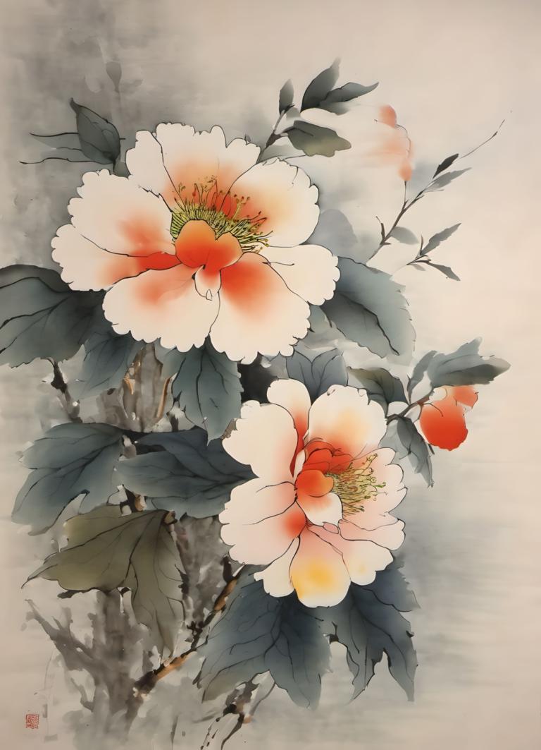 Chinese Paintings,Chinese Paintings, Nature, flowers, no humans, flower, still life, leaf, signature