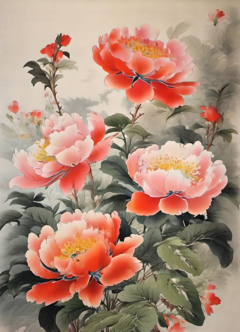 Chinese Paintings,Chinese Paintings, Nature, flowers, no humans, flower, still life, leaf, red flower, plant