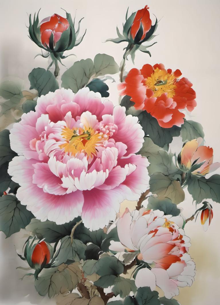 Chinese Paintings,Chinese Paintings, Nature, flowers, no humans, flower, still life, leaf, pink flower