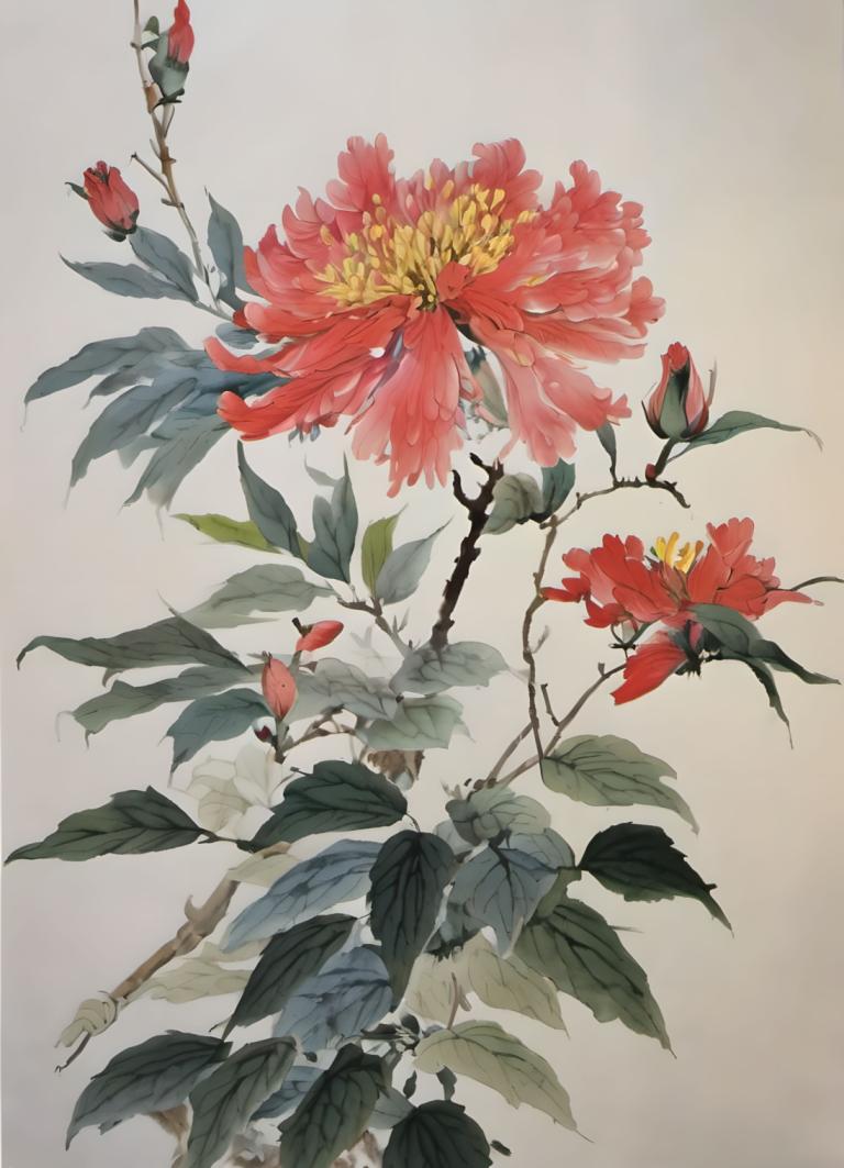 Peintures chinoises,Peintures chinoises, Nature, fleurs, fleur, fleur rouge, feuille, fond simple