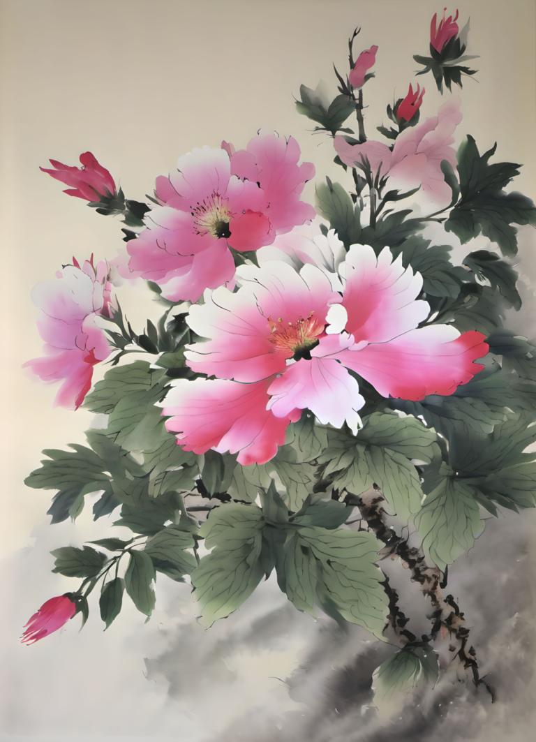 Chinese Paintings,Chinese Paintings, Nature, flowers, no humans, flower, still life, leaf, plant, pink flower