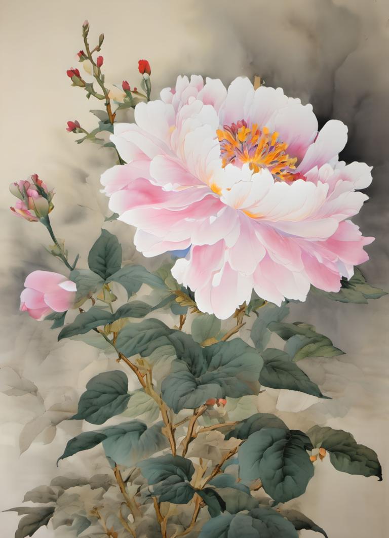 Chinese Paintings,Chinese Paintings, Nature, flowers, no humans, flower, still life, leaf, pink flower, plant