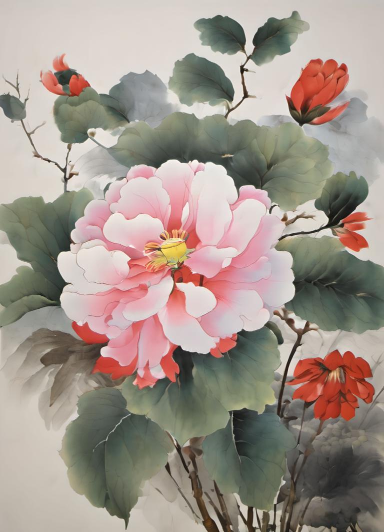 Chinese Paintings,Chinese Paintings, Nature, flowers, flower, no humans, leaf, grey background, plant