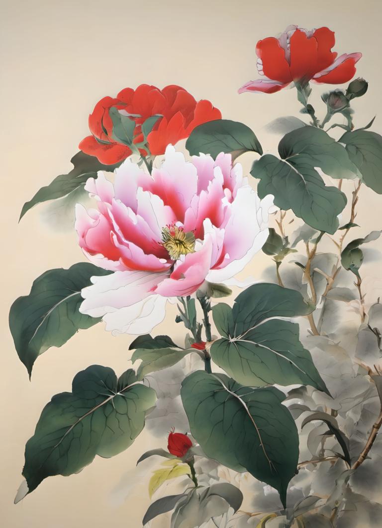 Chinese Paintings,Chinese Paintings, Nature, flowers, flower, no humans, plant, red flower, leaf, still life