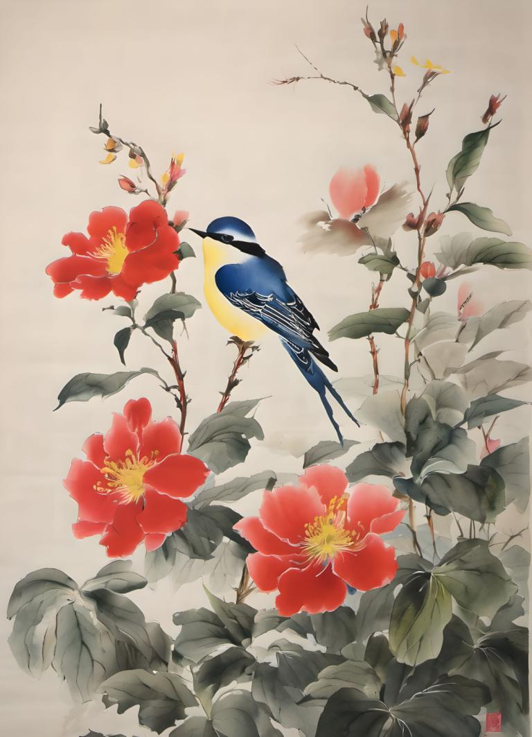 Chinese Paintings,Chinese Paintings, Nature, flowers, no humans, flower, bird, leaf, red flower, animal focus