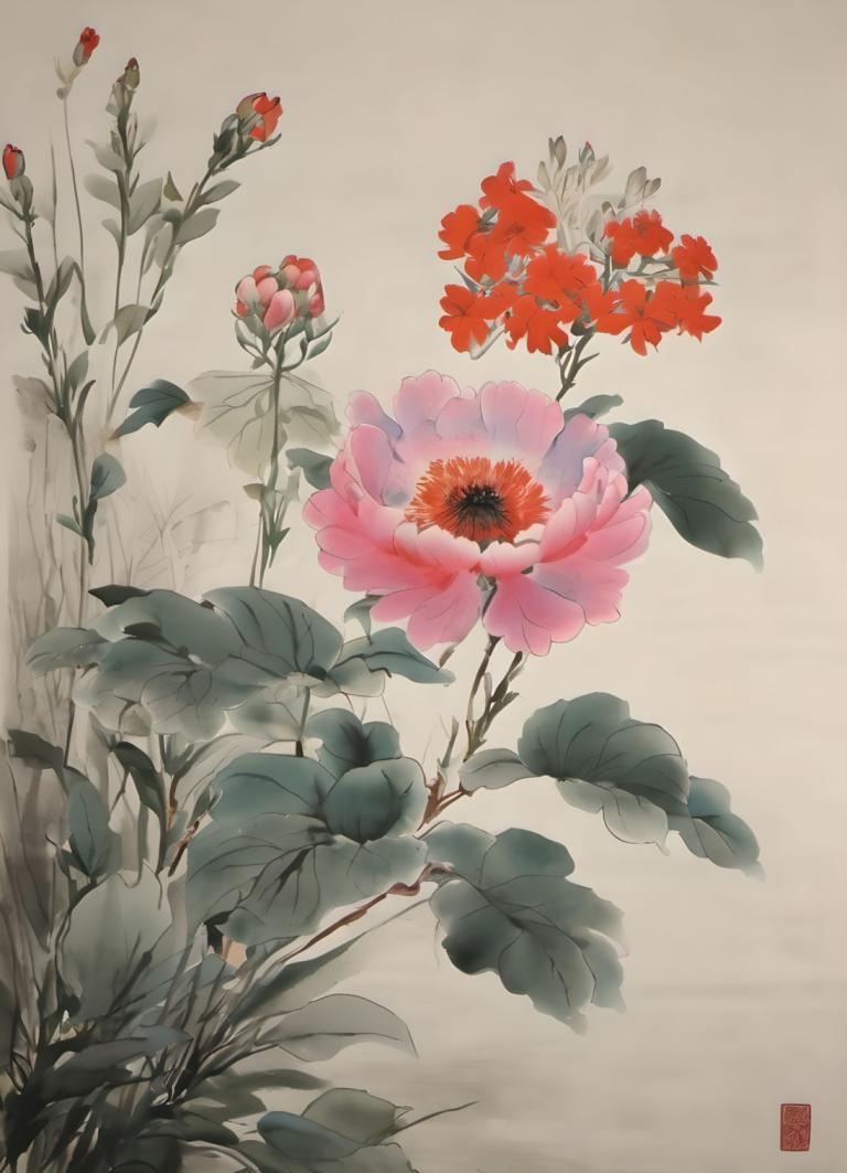 Chinese Paintings,Chinese Paintings, Nature, flowers, flower, no humans, leaf, plant, still life, red flower