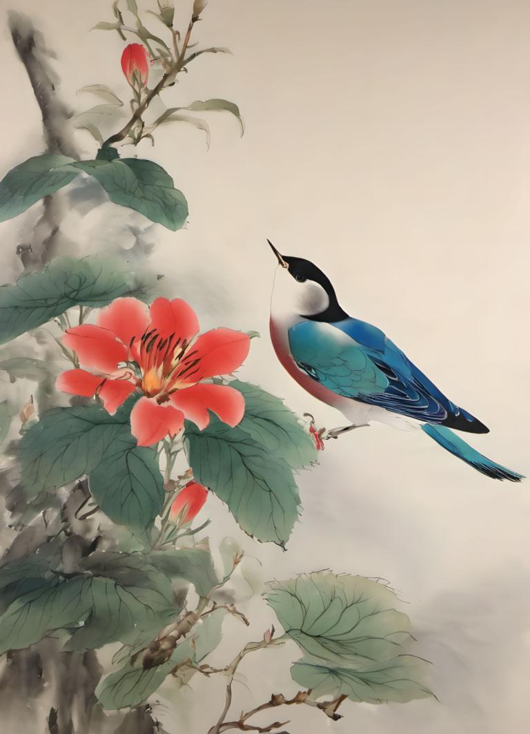 Chinese Paintings,Chinese Paintings, Nature, flowers, bird, flower, no humans, leaf, tree, branch, flying