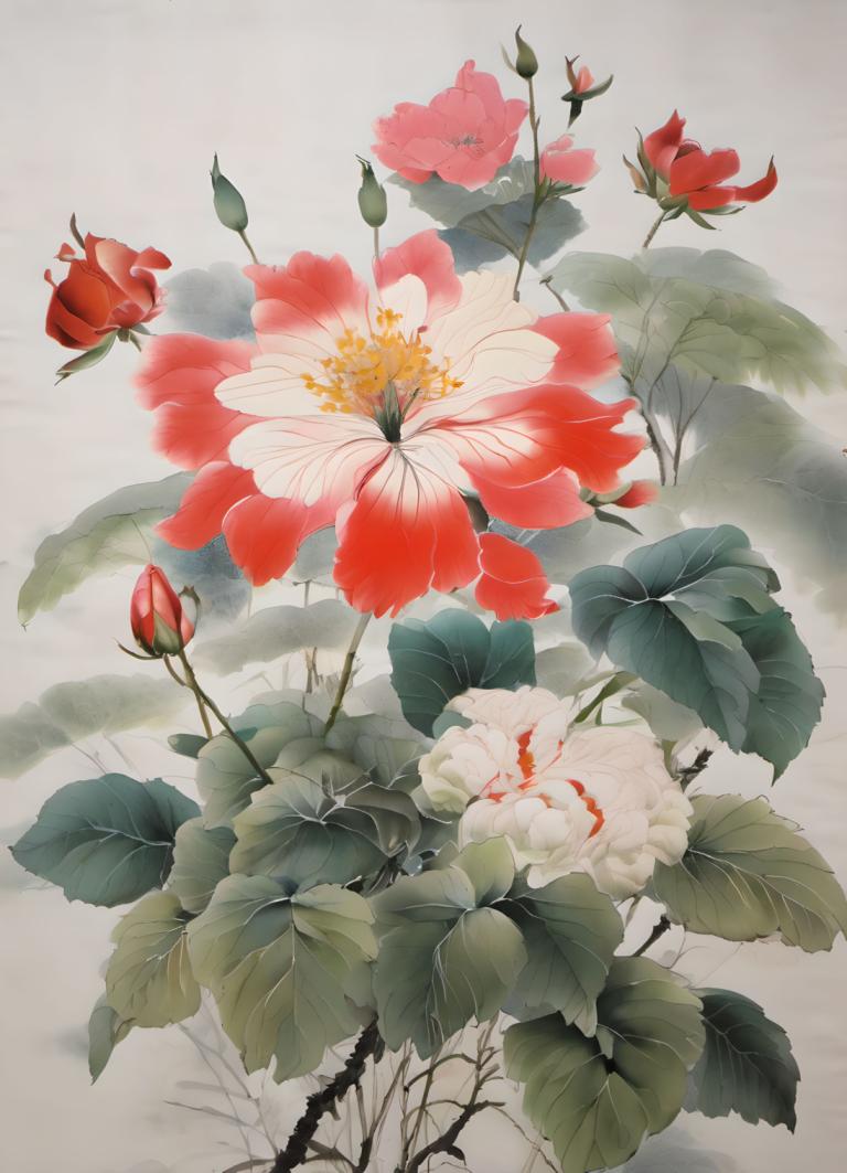 Chinese Paintings,Chinese Paintings, Nature, flowers, no humans, flower, still life, leaf, red flower