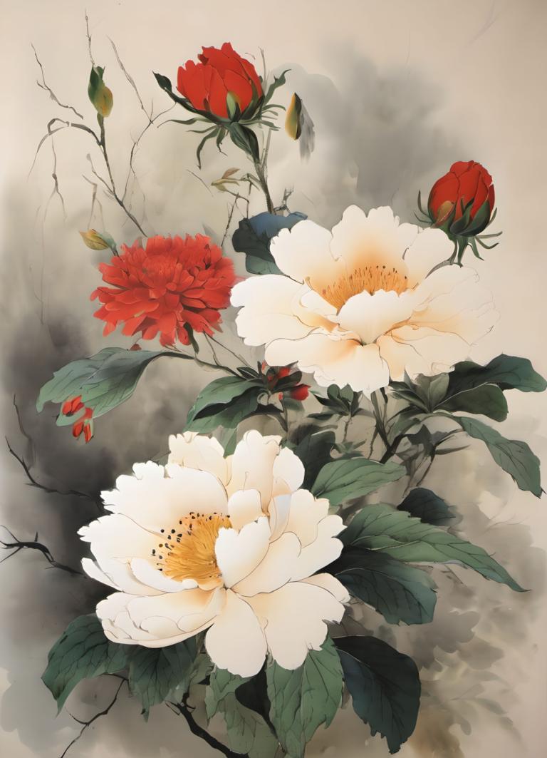 Chinese Paintings,Chinese Paintings, Nature, flowers, no humans, flower, still life, white flower, leaf