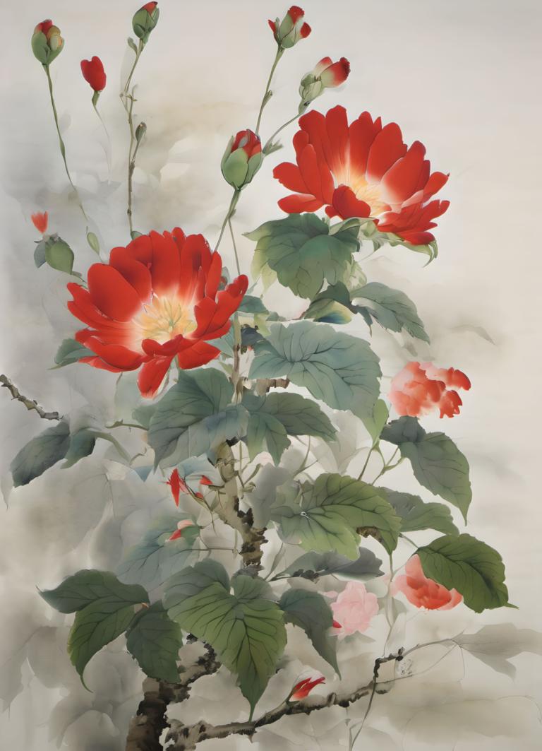 Chinese Paintings,Chinese Paintings, Nature, flowers, no humans, flower, leaf, still life, plant, red flower