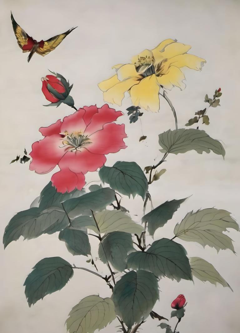 中国絵画,中国絵画, 自然, 花, 花, 人間がいない, 葉, バグ, 静物, 赤い花, 蝶, シンプルな背景, 植物, 黄色い花, 従来のメディア, 灰色の背景, 白色の背景