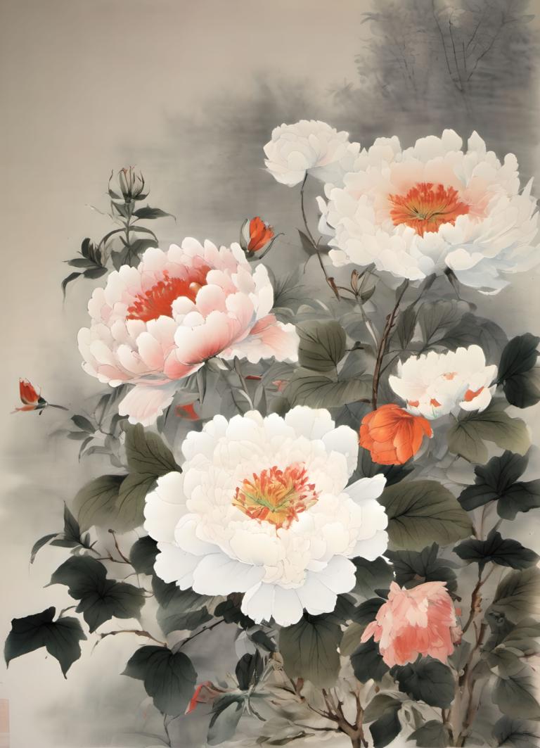 Chinese Paintings,Chinese Paintings, Nature, flowers, no humans, flower, leaf, white flower, still life