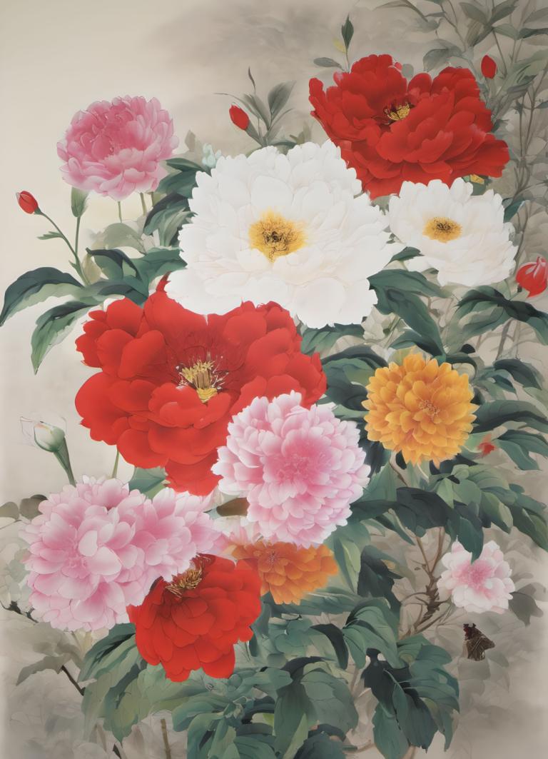 Chinese Paintings,Chinese Paintings, Nature, flowers, flower, no humans, red flower, white flower, leaf, bug