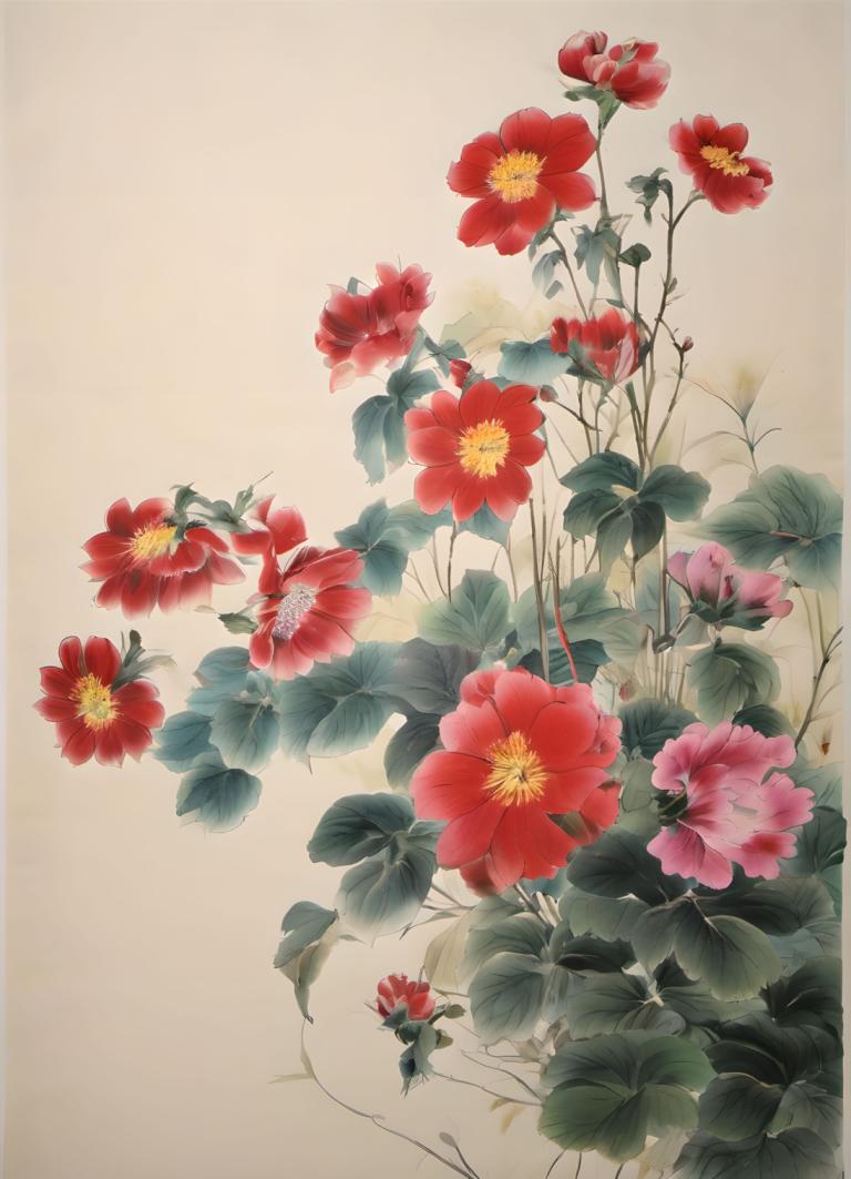 Chinese Paintings,Chinese Paintings, Nature, flowers, no humans, flower, still life, leaf, red flower