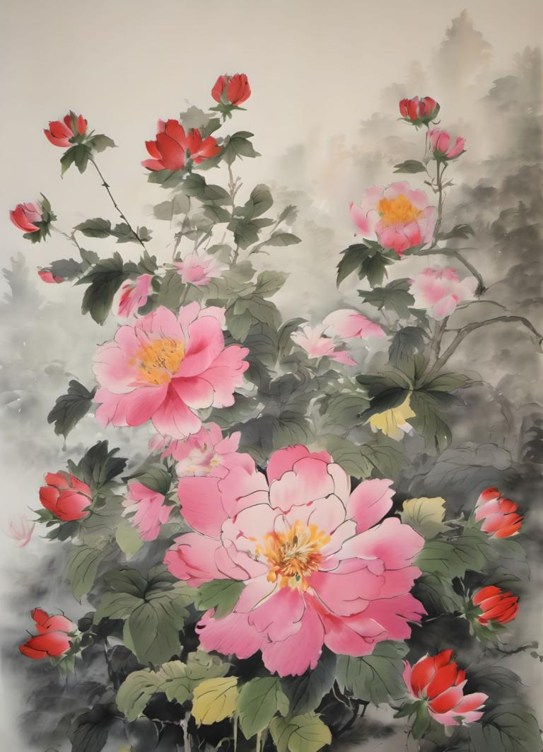 Chinese Paintings,Chinese Paintings, Nature, flowers, flower, no humans, leaf, pink flower, plant, scenery