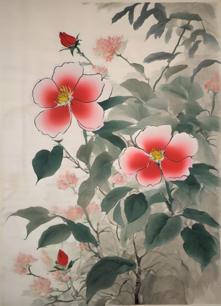 Chinese Paintings,Chinese Paintings, Nature, flowers, flower, no humans, still life, red flower, leaf, plant