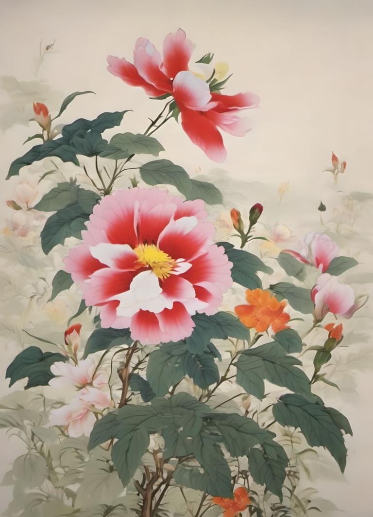 Chinese Paintings,Chinese Paintings, Nature, flowers, flower, no humans, leaf, still life, red flower