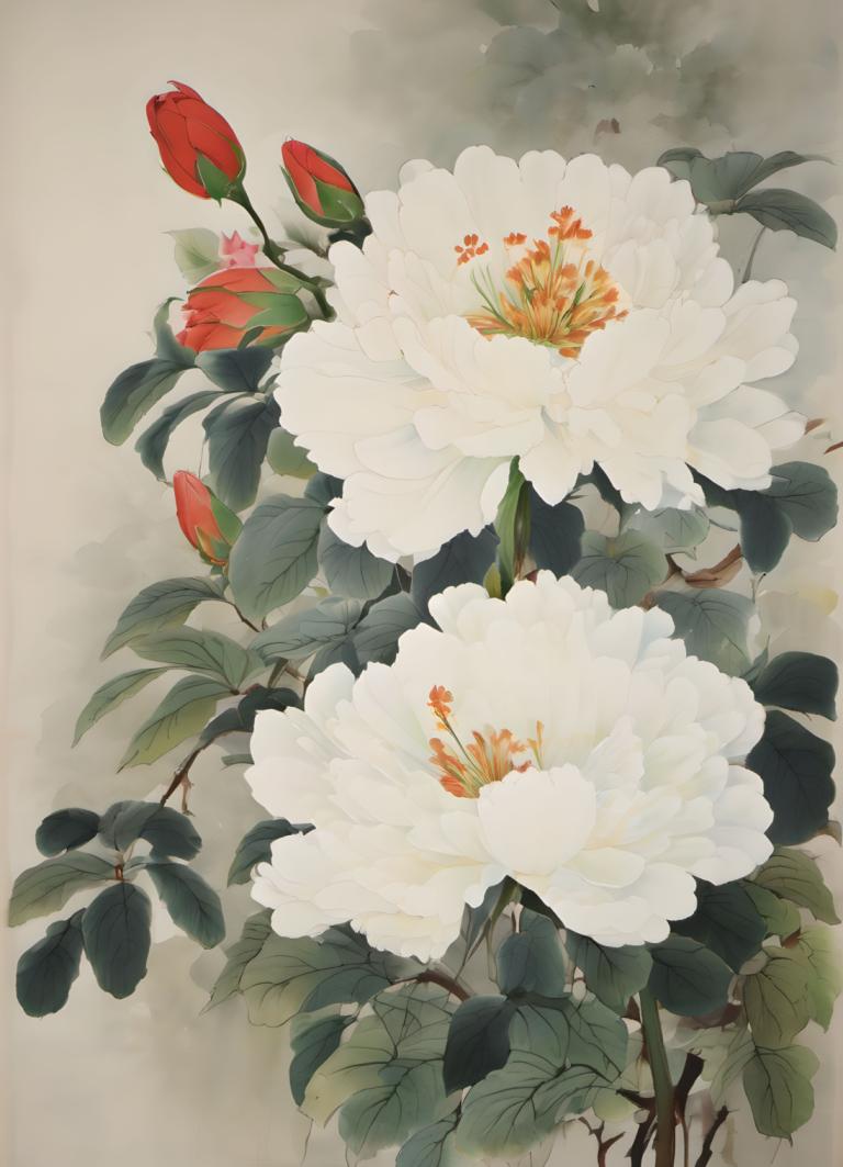 Chinesische Gemälde,Chinesische Gemälde, Natur, Blumen, keine Menschen, Blume, Stillleben, Blatt, weiße Blume