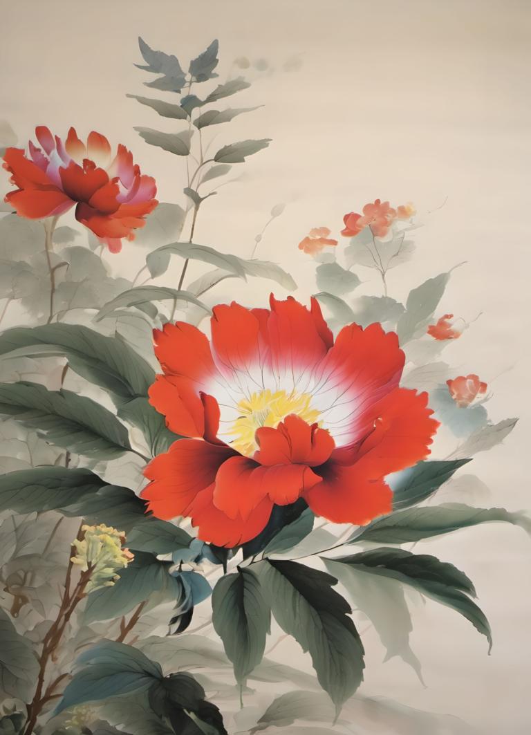 Chinese Paintings,Chinese Paintings, Nature, flowers, flower, no humans, red flower, leaf, still life