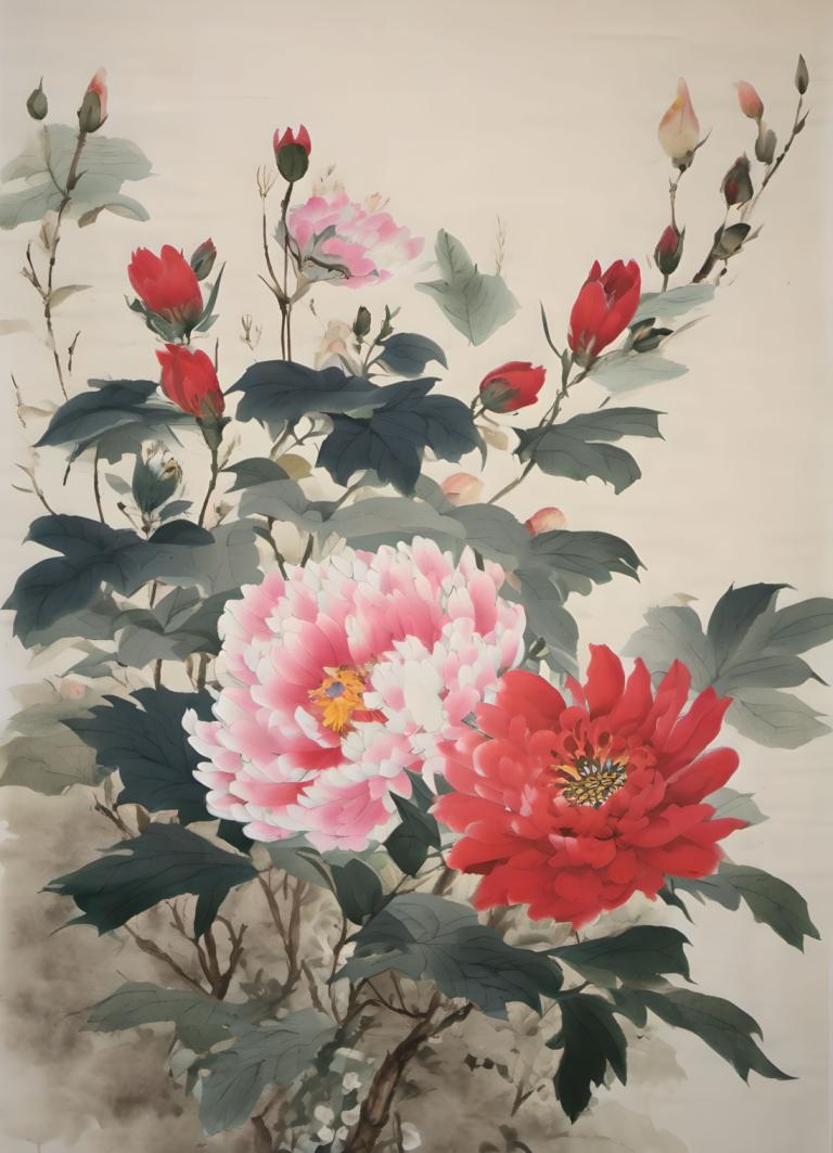 Chinese Paintings,Chinese Paintings, Nature, flowers, no humans, flower, leaf, still life, plant, red flower