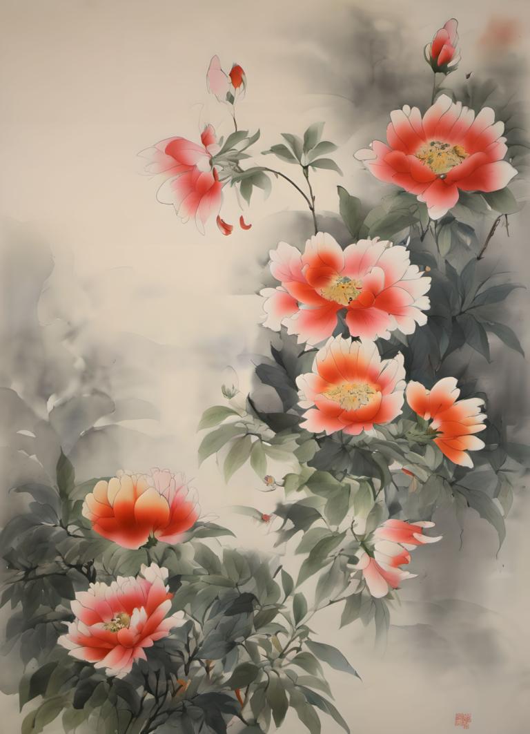 Chinese Paintings,Chinese Paintings, Nature, flowers, no humans, flower, leaf, red flower, signature