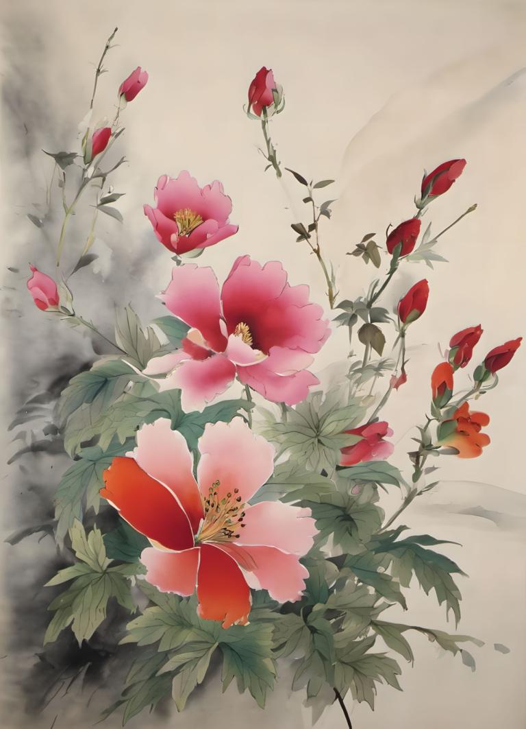 Chinese Paintings,Chinese Paintings, Nature, flowers, flower, no humans, leaf, still life, pink flower, plant