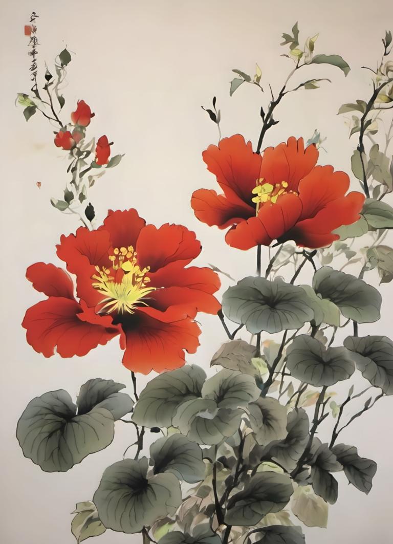 国画,国画, 自然, 花, 没有人类, 花, 静物, 叶子, 红花, 简单的背景, 灰色背景, 植物