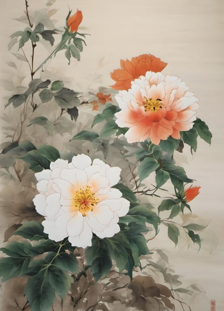 Peintures chinoises,Peintures chinoises, Nature, fleurs, pas d'humains, fleur, fleur blanche, feuille