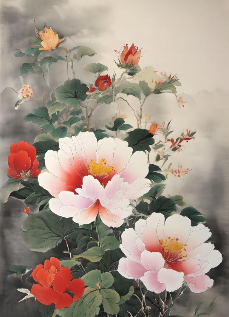 国画,国画, 自然, 花, 没有人类, 花, 红花, 叶子, 白色的花, 静物, 橙花, 云, 风景, 粉红色的花, 户外, 植物