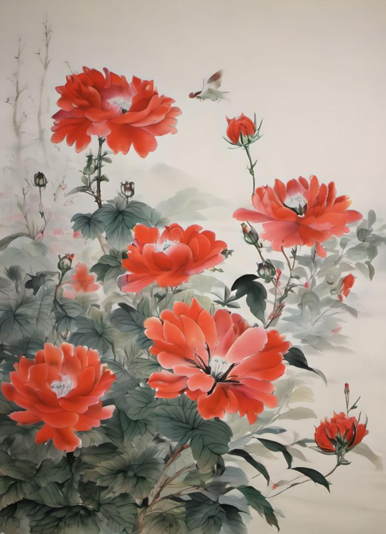 Chinese Paintings,Chinese Paintings, Nature, flowers, no humans, flower, red flower, leaf, bird, plant