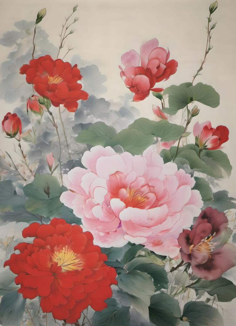 Peintures chinoises,Peintures chinoises, Nature, fleurs, fleur, pas d'humains, feuille, fleur rouge