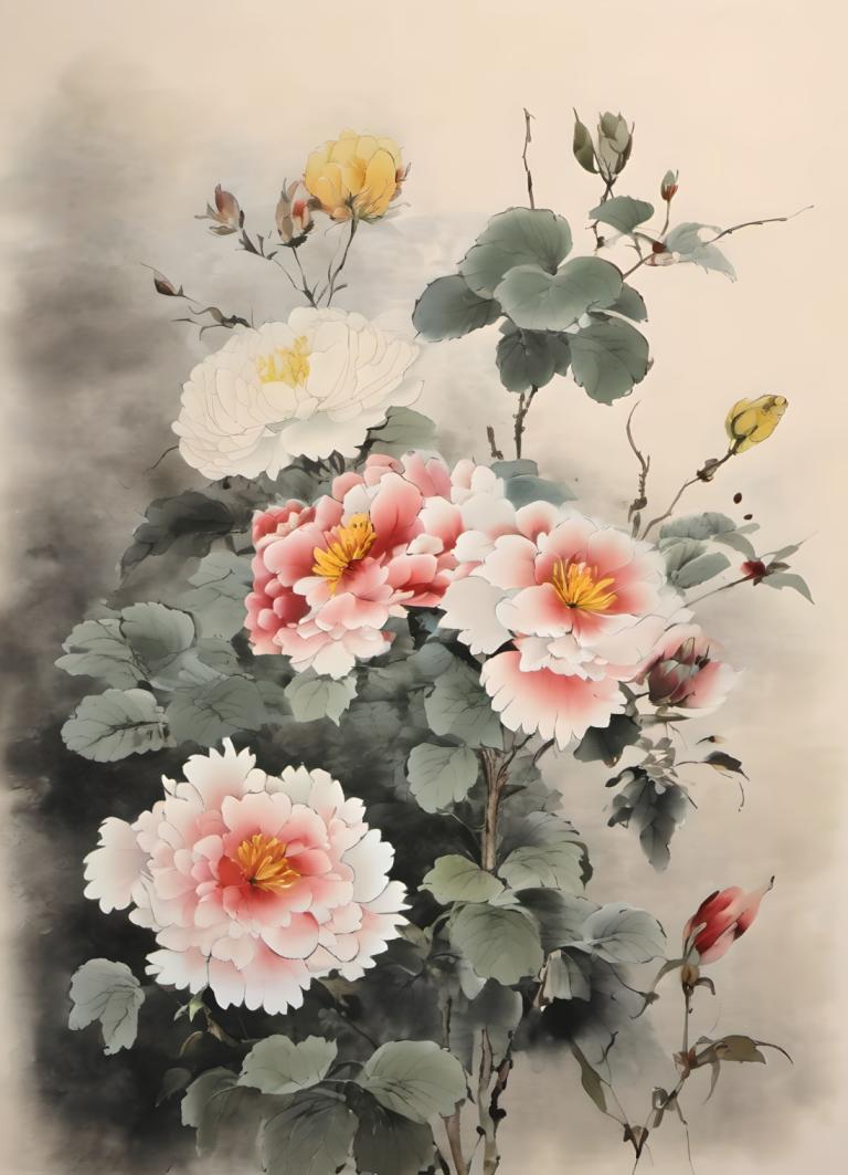 Chinese Paintings,Chinese Paintings, Nature, flowers, no humans, flower, leaf, still life, white flower