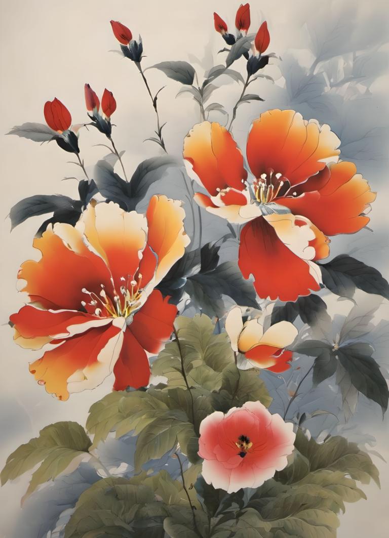 国画,国画, 自然, 花, 没有人类, 花, 静物, 叶子, 红花, 植物, 灰色背景