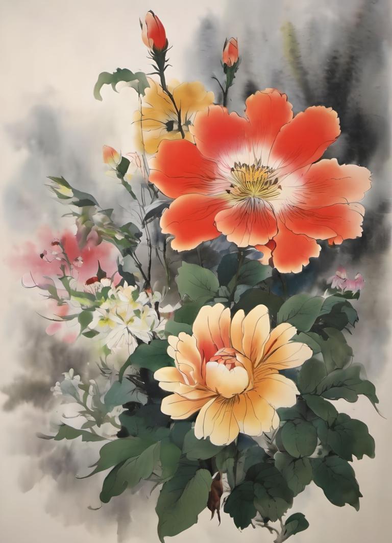 国画,国画, 自然, 花, 没有人类, 花, 静物, 叶子, 红花, 白色的花, 粉红色的花, 植物, 橙花, 黄花