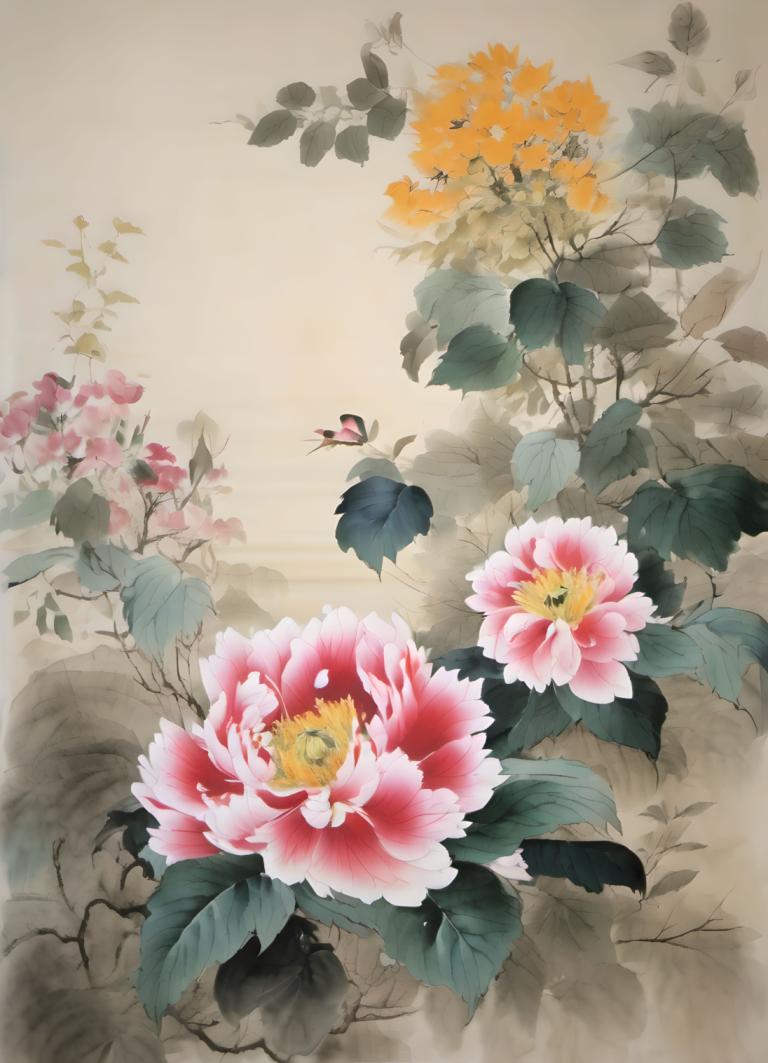 国画,国画, 自然, 花, 花, 没有人类, 叶子, 粉红色的花, 鸟, 漏洞, 植物, 风景, 橙花, 户外