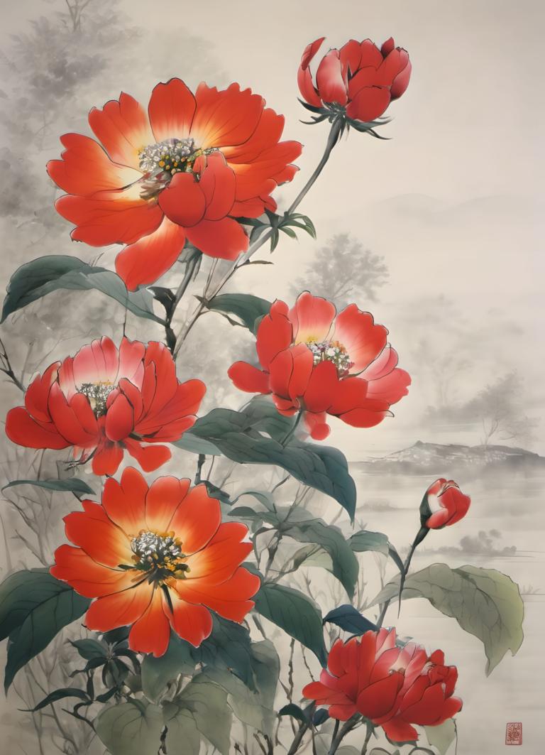 Chinese Paintings,Chinese Paintings, Nature, flowers, flower, no humans, red flower, scenery, tree, outdoors