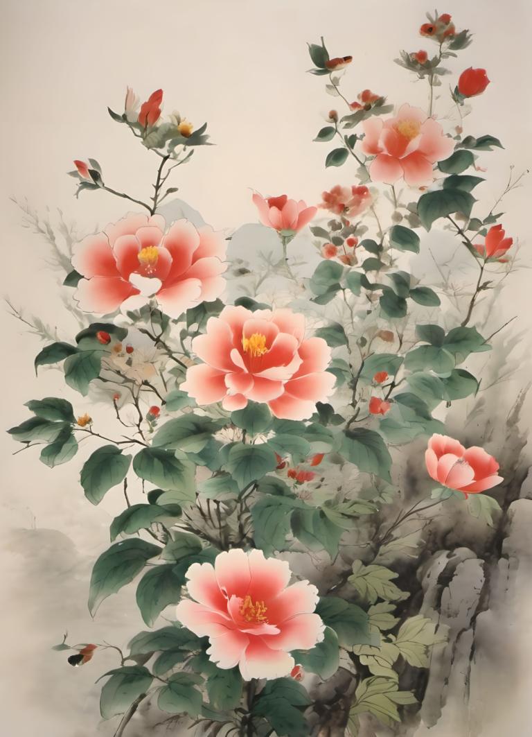 Chinese Paintings,Chinese Paintings, Nature, flowers, no humans, flower, leaf, branch, red flower, scenery