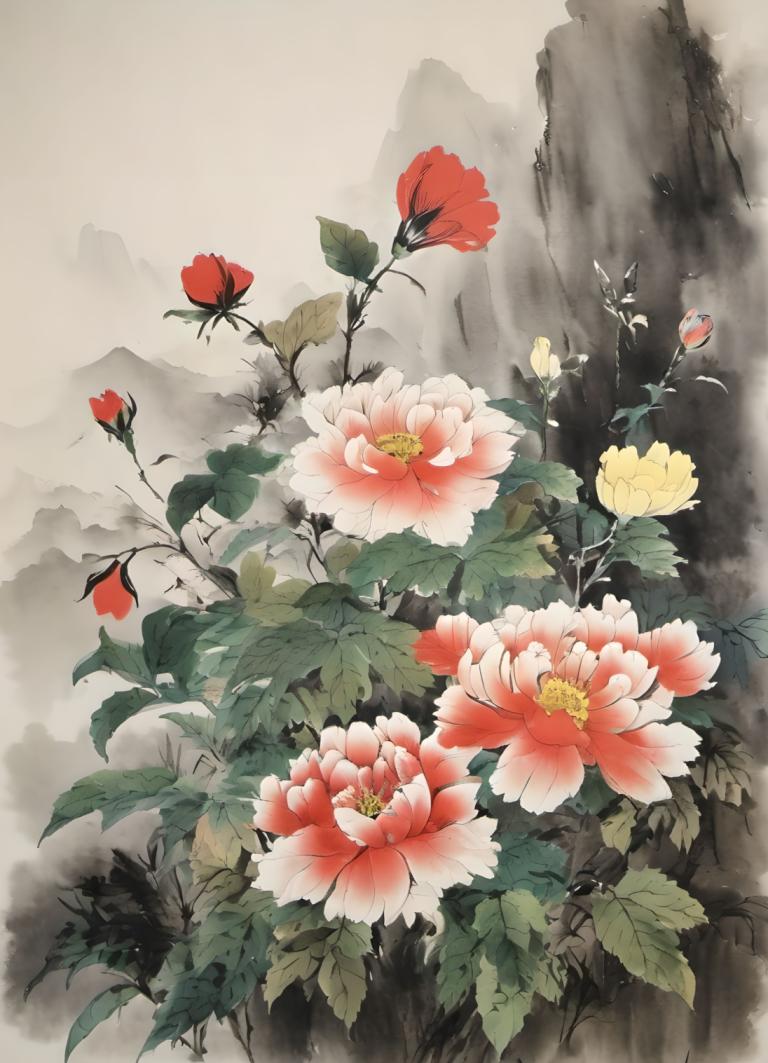 Peintures chinoises,Peintures chinoises, Nature, fleurs, pas d'humains, fleur, fleur rouge, feuille, paysage