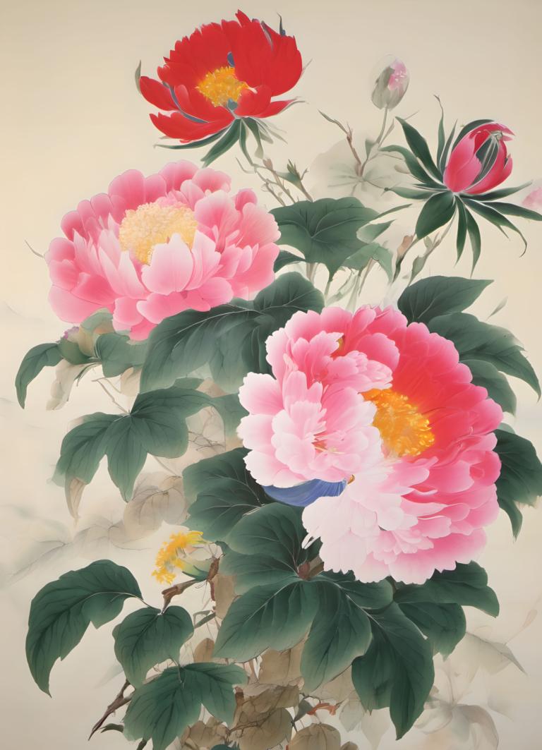 Chinese Paintings,Chinese Paintings, Nature, flowers, no humans, flower, still life, leaf, red flower