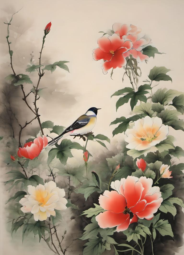 Chinese Paintings,Chinese Paintings, Nature, flowers, no humans, bird, flower, plant, leaf, animal focus