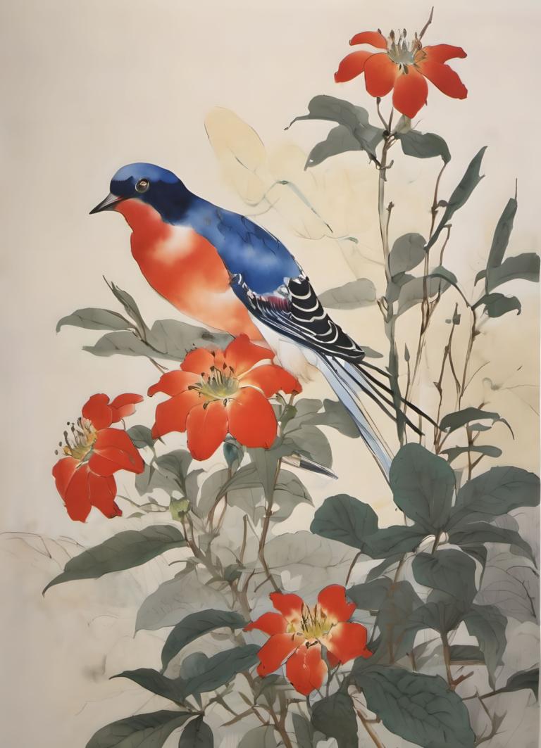 Chinese Paintings,Chinese Paintings, Nature, flowers, no humans, bird, flower, leaf, red flower, animal focus