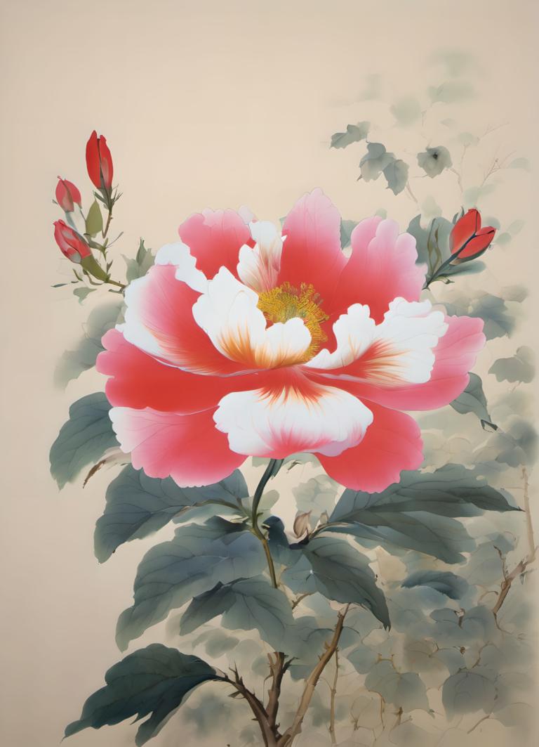 Chinese Paintings,Chinese Paintings, Nature, flowers, no humans, flower, still life, leaf, plant, pink flower