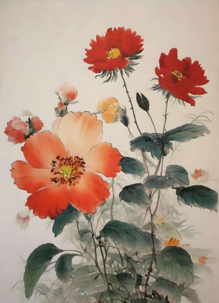 Chinese Paintings,Chinese Paintings, Nature, flowers, no humans, flower, still life, red flower, leaf