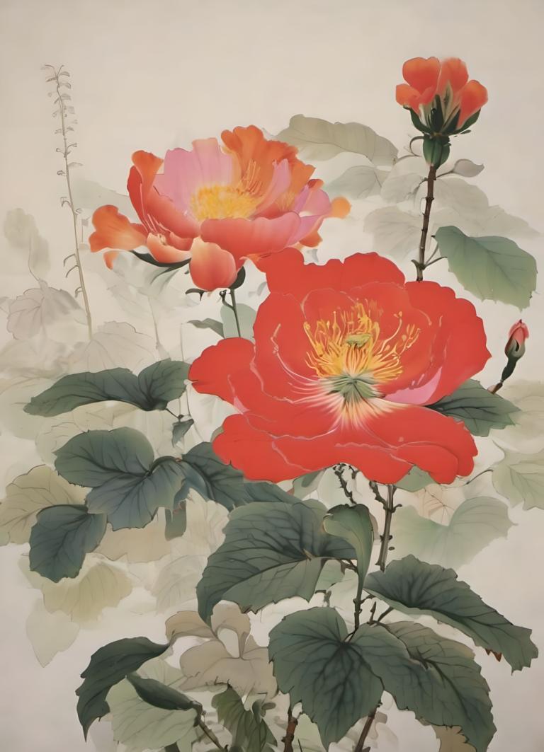 Chinese Paintings,Chinese Paintings, Nature, flowers, no humans, flower, leaf, still life, red flower, plant