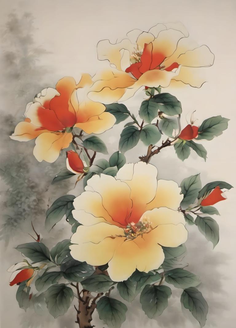 Chinese Paintings,Chinese Paintings, Nature, flowers, flower, no humans, leaf, plant, tree, still life, branch