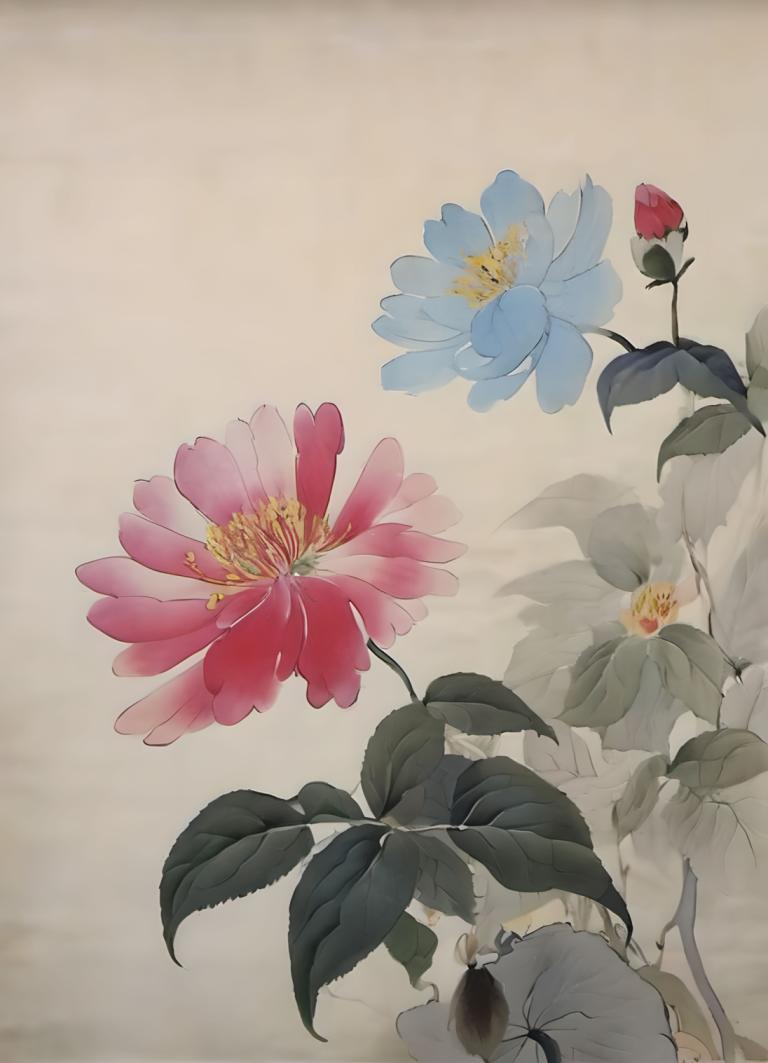 Chinese Paintings,Chinese Paintings, Nature, flowers, flower, leaf, no humans, red flower, plant