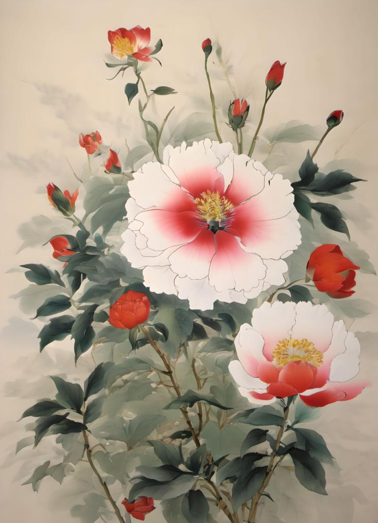 Chinese Paintings,Chinese Paintings, Nature, flowers, no humans, flower, still life, leaf, red flower, plant